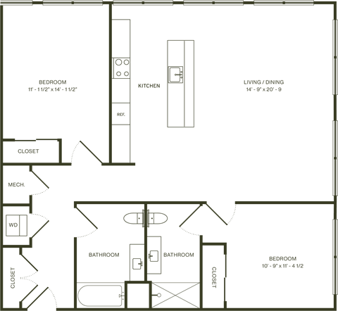 Floor plan for 2 beds, 2 baths, 1205 sqft